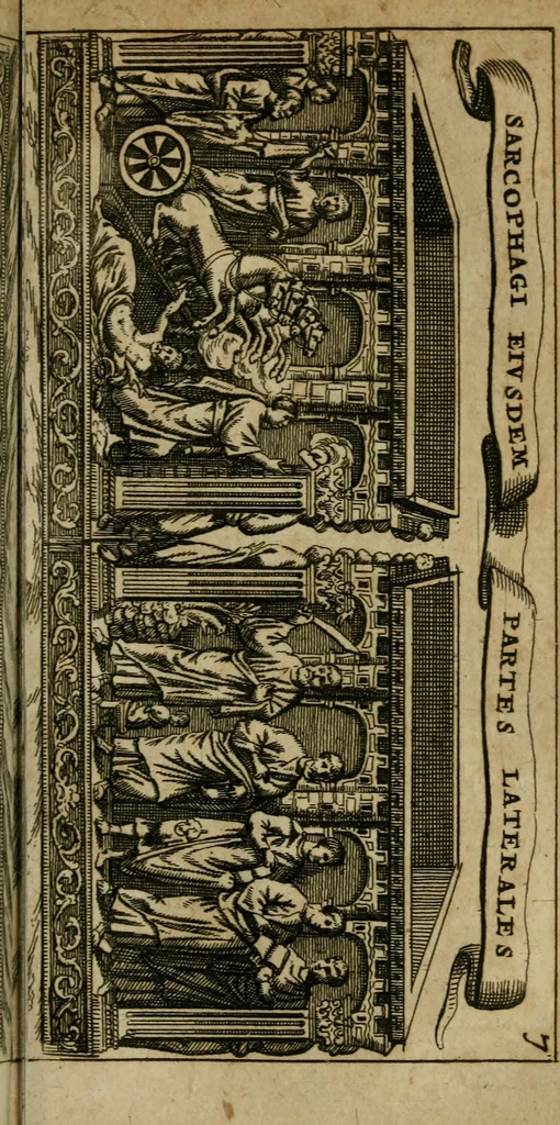 An illustration from Roma subterranea novissima : in qua antiqua christianorum et praecipue martyrum, coemeteria, tituli, monimenta, epitaphia, inscriptiones, ac nobiliora sanctorum sepulchra, tribus libris distincta, fideli enarratione pariter ac graphicis iconibus, ceu gemina face illustrantur : plurimaeque inde res ecclesiasticae declarantur, 1671, leaf 150
