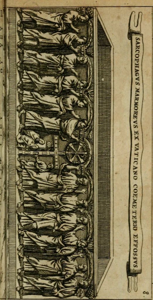 An illustration from Roma subterranea novissima : in qua antiqua christianorum et praecipue martyrum, coemeteria, tituli, monimenta, epitaphia, inscriptiones, ac nobiliora sanctorum sepulchra, tribus libris distincta, fideli enarratione pariter ac graphicis iconibus, ceu gemina face illustrantur : plurimaeque inde res ecclesiasticae declarantur, 1671, leaf 154