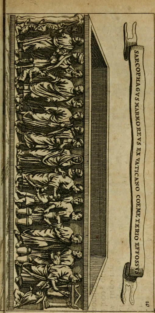 An illustration from Roma subterranea novissima : in qua antiqua christianorum et praecipue martyrum, coemeteria, tituli, monimenta, epitaphia, inscriptiones, ac nobiliora sanctorum sepulchra, tribus libris distincta, fideli enarratione pariter ac graphicis iconibus, ceu gemina face illustrantur : plurimaeque inde res ecclesiasticae declarantur, 1671, leaf 156