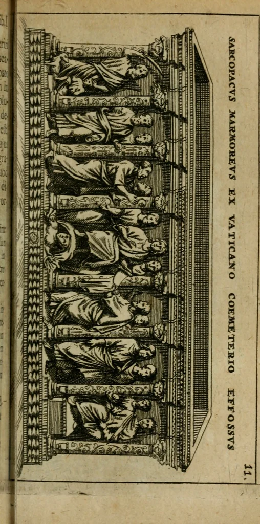 An illustration from Roma subterranea novissima : in qua antiqua christianorum et praecipue martyrum, coemeteria, tituli, monimenta, epitaphia, inscriptiones, ac nobiliora sanctorum sepulchra, tribus libris distincta, fideli enarratione pariter ac graphicis iconibus, ceu gemina face illustrantur : plurimaeque inde res ecclesiasticae declarantur, 1671, leaf 160