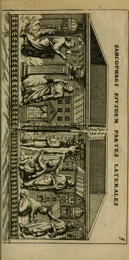 An illustration from Roma subterranea novissima : in qua antiqua christianorum et praecipue martyrum, coemeteria, tituli, monimenta, epitaphia, inscriptiones, ac nobiliora sanctorum sepulchra, tribus libris distincta, fideli enarratione pariter ac graphicis iconibus, ceu gemina face illustrantur : plurimaeque inde res ecclesiasticae declarantur, 1671, leaf 162