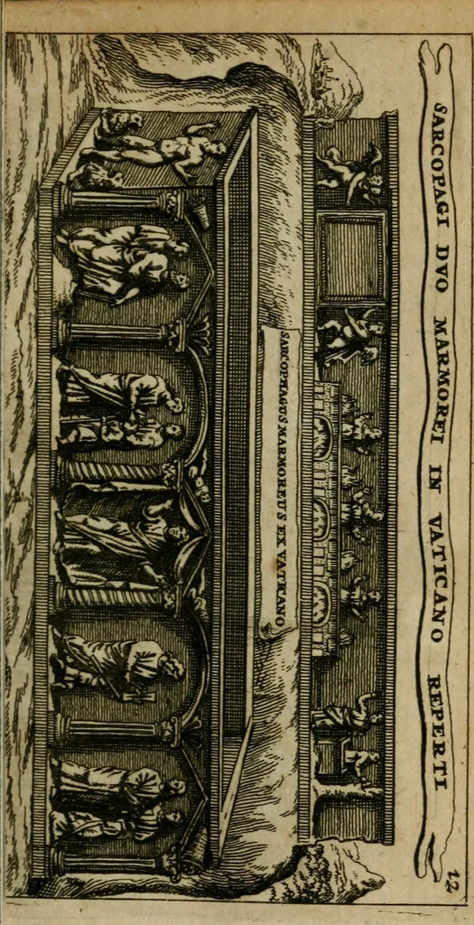 An illustration from Roma subterranea novissima : in qua antiqua christianorum et praecipue martyrum, coemeteria, tituli, monimenta, epitaphia, inscriptiones, ac nobiliora sanctorum sepulchra, tribus libris distincta, fideli enarratione pariter ac graphicis iconibus, ceu gemina face illustrantur : plurimaeque inde res ecclesiasticae declarantur, 1671, leaf 164