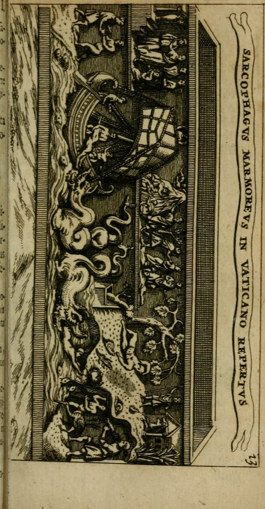 An illustration from Roma subterranea novissima : in qua antiqua christianorum et praecipue martyrum, coemeteria, tituli, monimenta, epitaphia, inscriptiones, ac nobiliora sanctorum sepulchra, tribus libris distincta, fideli enarratione pariter ac graphicis iconibus, ceu gemina face illustrantur : plurimaeque inde res ecclesiasticae declarantur, 1671, leaf 168