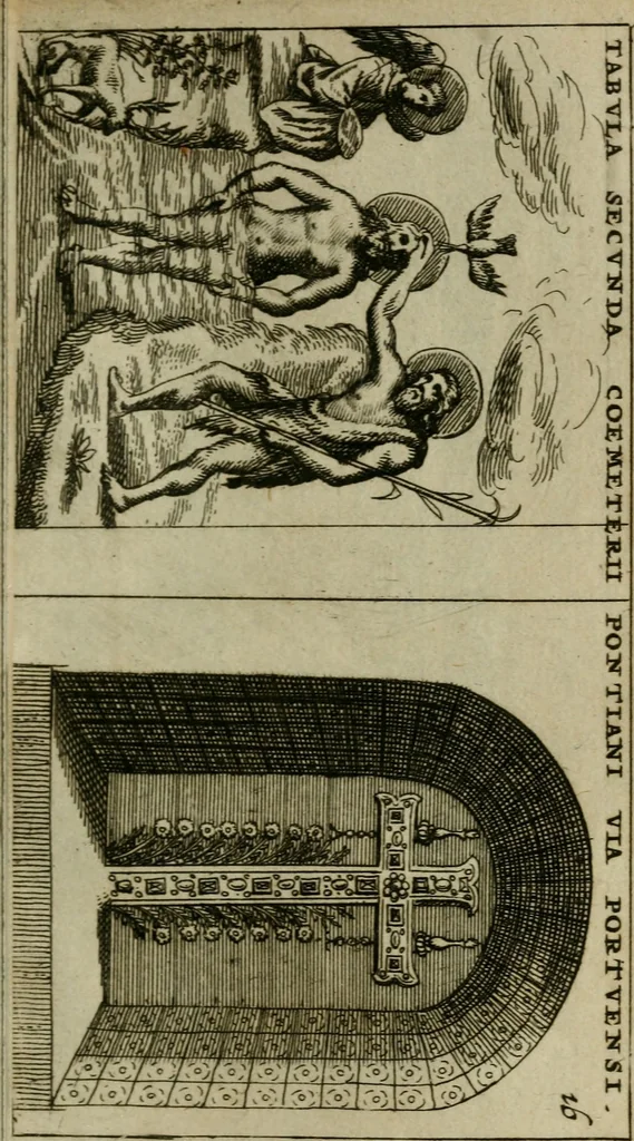 An illustration from Roma subterranea novissima : in qua antiqua christianorum et praecipue martyrum, coemeteria, tituli, monimenta, epitaphia, inscriptiones, ac nobiliora sanctorum sepulchra, tribus libris distincta, fideli enarratione pariter ac graphicis iconibus, ceu gemina face illustrantur : plurimaeque inde res ecclesiasticae declarantur, 1671, leaf 218