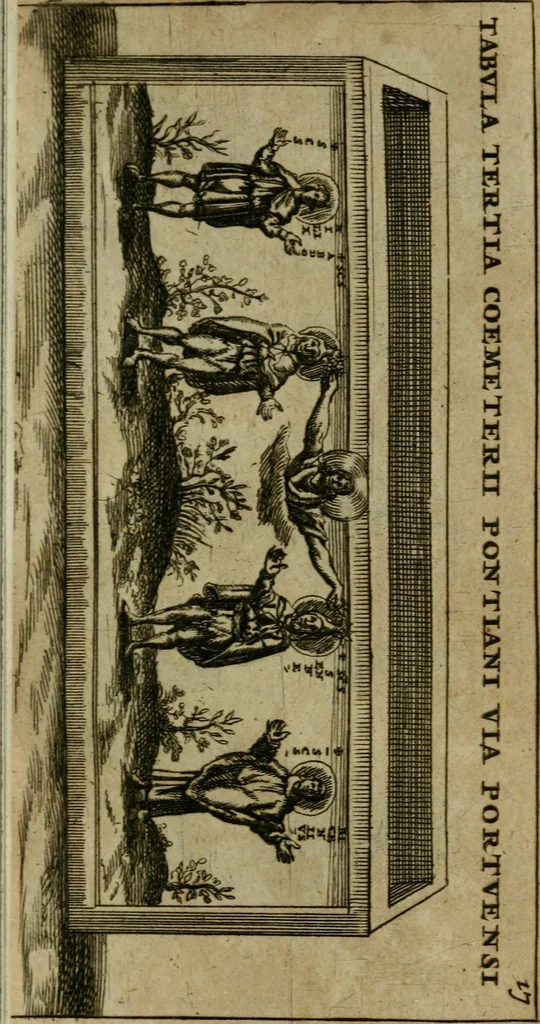 An illustration from Roma subterranea novissima : in qua antiqua christianorum et praecipue martyrum, coemeteria, tituli, monimenta, epitaphia, inscriptiones, ac nobiliora sanctorum sepulchra, tribus libris distincta, fideli enarratione pariter ac graphicis iconibus, ceu gemina face illustrantur : plurimaeque inde res ecclesiasticae declarantur, 1671, leaf 220