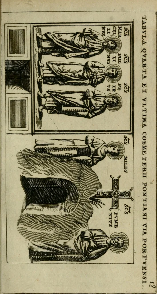 An illustration from Roma subterranea novissima : in qua antiqua christianorum et praecipue martyrum, coemeteria, tituli, monimenta, epitaphia, inscriptiones, ac nobiliora sanctorum sepulchra, tribus libris distincta, fideli enarratione pariter ac graphicis iconibus, ceu gemina face illustrantur : plurimaeque inde res ecclesiasticae declarantur, 1671, leaf 222