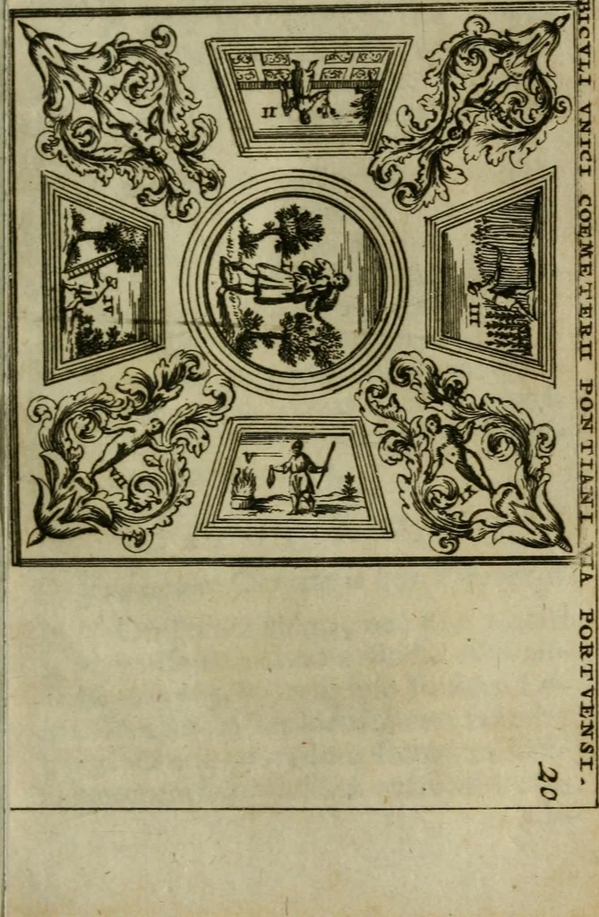An illustration from Roma subterranea novissima : in qua antiqua christianorum et praecipue martyrum, coemeteria, tituli, monimenta, epitaphia, inscriptiones, ac nobiliora sanctorum sepulchra, tribus libris distincta, fideli enarratione pariter ac graphicis iconibus, ceu gemina face illustrantur : plurimaeque inde res ecclesiasticae declarantur, 1671, leaf 228