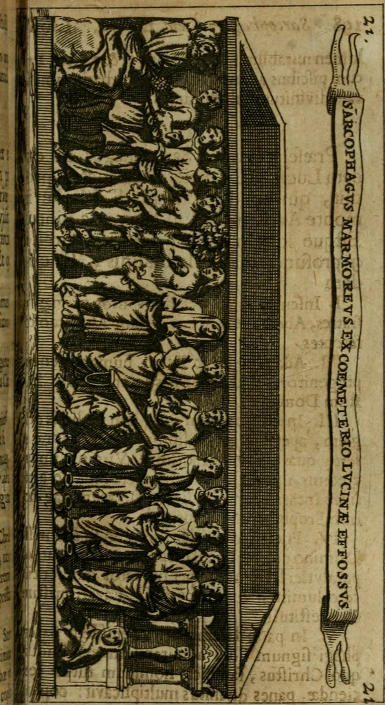An illustration from Roma subterranea novissima : in qua antiqua christianorum et praecipue martyrum, coemeteria, tituli, monimenta, epitaphia, inscriptiones, ac nobiliora sanctorum sepulchra, tribus libris distincta, fideli enarratione pariter ac graphicis iconibus, ceu gemina face illustrantur : plurimaeque inde res ecclesiasticae declarantur, 1671, leaf 266