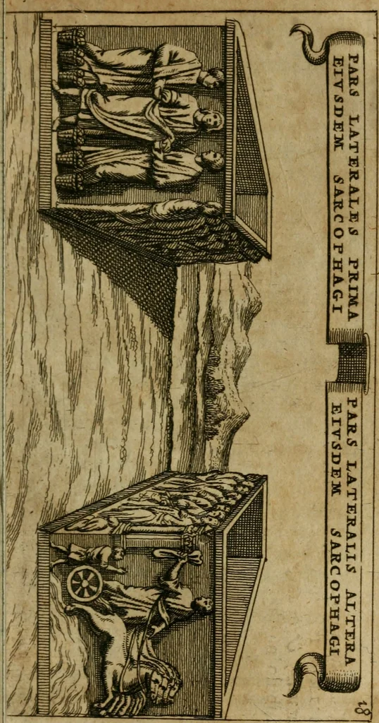 An illustration from Roma subterranea novissima : in qua antiqua christianorum et praecipue martyrum, coemeteria, tituli, monimenta, epitaphia, inscriptiones, ac nobiliora sanctorum sepulchra, tribus libris distincta, fideli enarratione pariter ac graphicis iconibus, ceu gemina face illustrantur : plurimaeque inde res ecclesiasticae declarantur, 1671, leaf 268