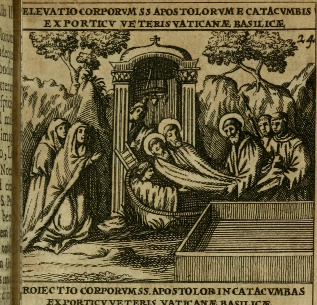 An illustration from Roma subterranea novissima : in qua antiqua christianorum et praecipue martyrum, coemeteria, tituli, monimenta, epitaphia, inscriptiones, ac nobiliora sanctorum sepulchra, tribus libris distincta, fideli enarratione pariter ac graphicis iconibus, ceu gemina face illustrantur : plurimaeque inde res ecclesiasticae declarantur, 1671, leaf 316