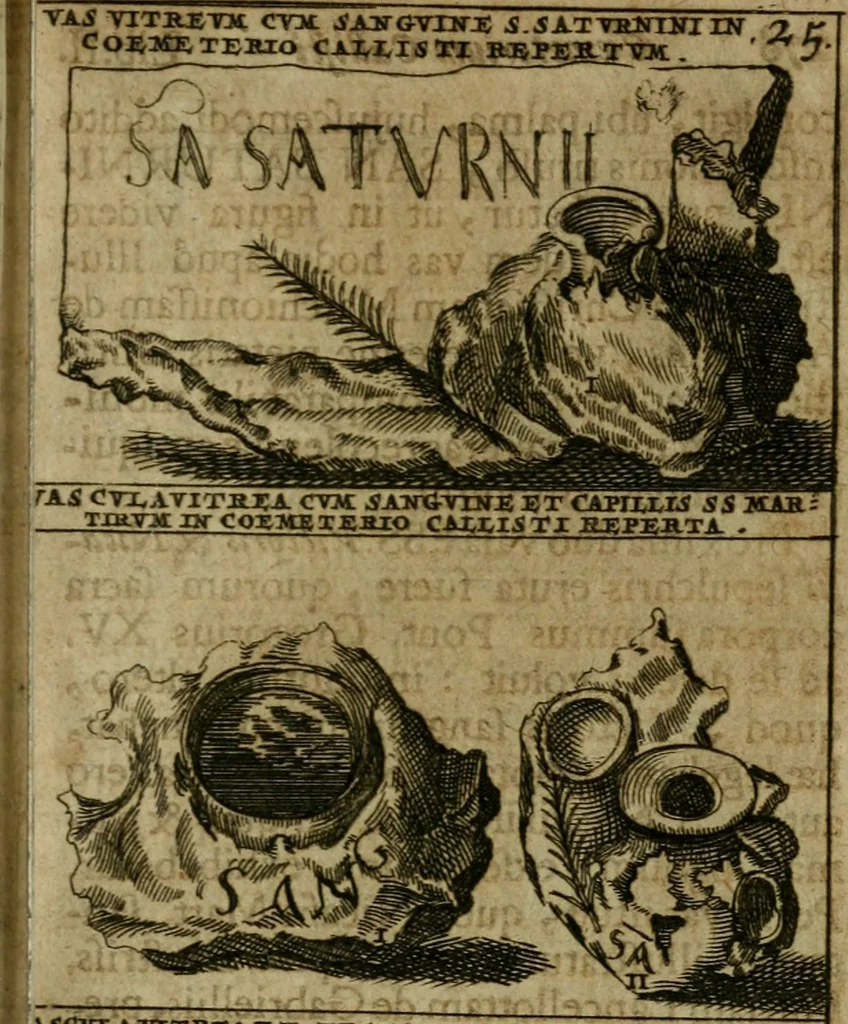 An illustration from Roma subterranea novissima : in qua antiqua christianorum et praecipue martyrum, coemeteria, tituli, monimenta, epitaphia, inscriptiones, ac nobiliora sanctorum sepulchra, tribus libris distincta, fideli enarratione pariter ac graphicis iconibus, ceu gemina face illustrantur : plurimaeque inde res ecclesiasticae declarantur, 1671, leaf 354