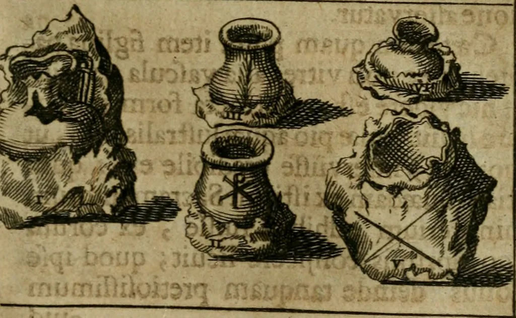 An illustration from Roma subterranea novissima : in qua antiqua christianorum et praecipue martyrum, coemeteria, tituli, monimenta, epitaphia, inscriptiones, ac nobiliora sanctorum sepulchra, tribus libris distincta, fideli enarratione pariter ac graphicis iconibus, ceu gemina face illustrantur : plurimaeque inde res ecclesiasticae declarantur, 1671, leaf 354