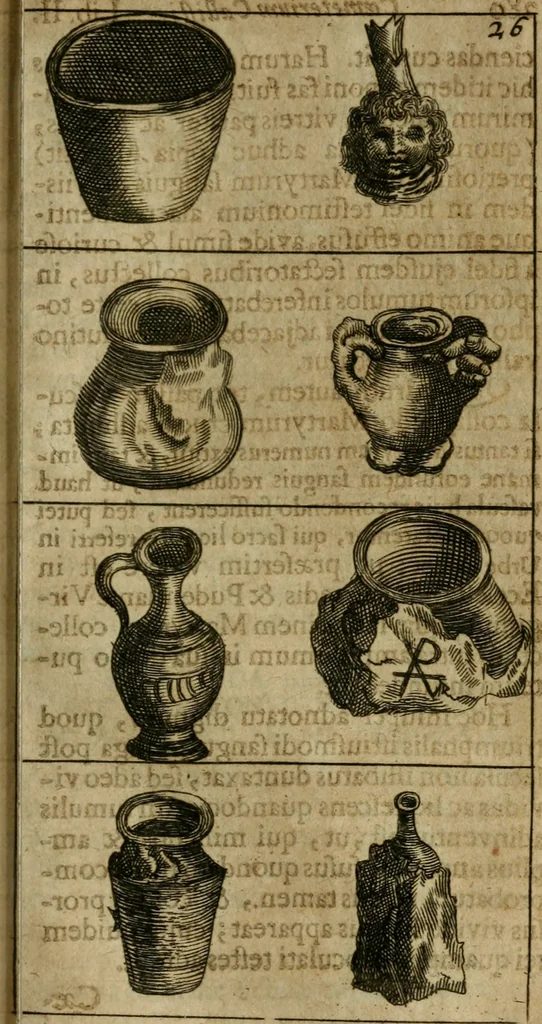 An illustration from Roma subterranea novissima : in qua antiqua christianorum et praecipue martyrum, coemeteria, tituli, monimenta, epitaphia, inscriptiones, ac nobiliora sanctorum sepulchra, tribus libris distincta, fideli enarratione pariter ac graphicis iconibus, ceu gemina face illustrantur : plurimaeque inde res ecclesiasticae declarantur, 1671, leaf 358