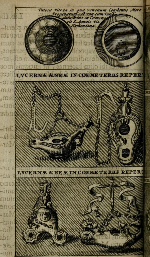 An illustration from Roma subterranea novissima : in qua antiqua christianorum et praecipue martyrum, coemeteria, tituli, monimenta, epitaphia, inscriptiones, ac nobiliora sanctorum sepulchra, tribus libris distincta, fideli enarratione pariter ac graphicis iconibus, ceu gemina face illustrantur : plurimaeque inde res ecclesiasticae declarantur, 1671, leaf 363