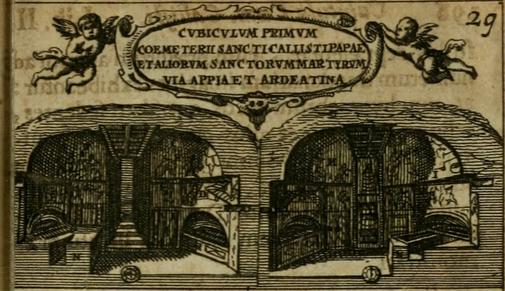 An illustration from Roma subterranea novissima : in qua antiqua christianorum et praecipue martyrum, coemeteria, tituli, monimenta, epitaphia, inscriptiones, ac nobiliora sanctorum sepulchra, tribus libris distincta, fideli enarratione pariter ac graphicis iconibus, ceu gemina face illustrantur : plurimaeque inde res ecclesiasticae declarantur, 1671, leaf 382