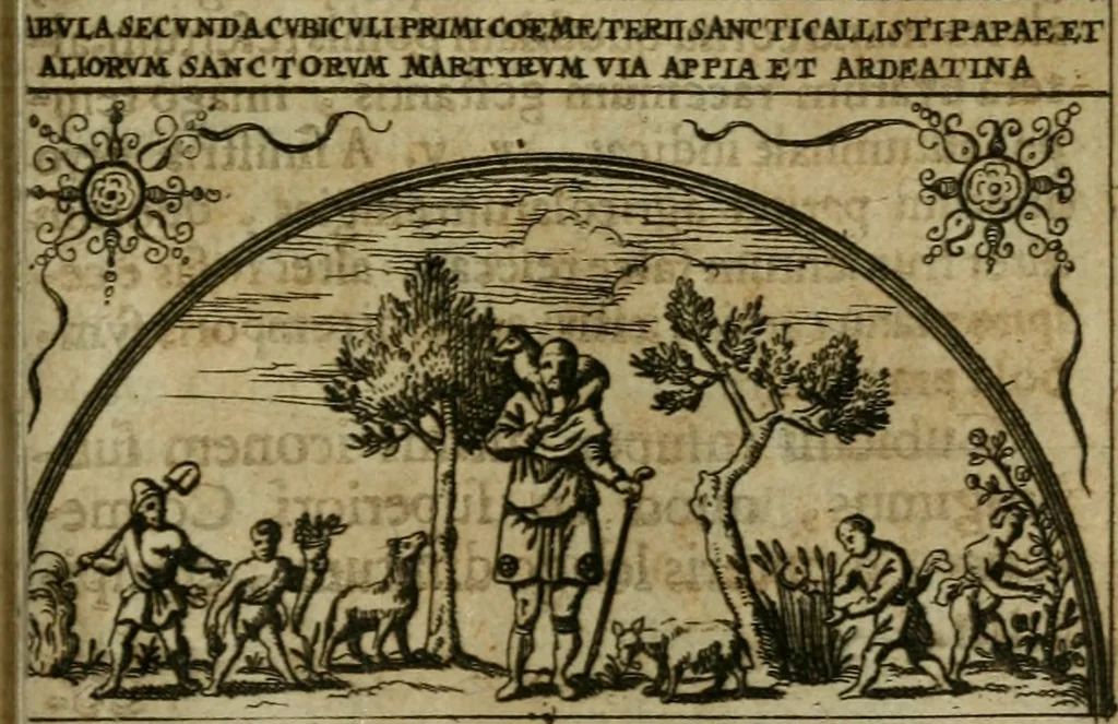 An illustration from Roma subterranea novissima : in qua antiqua christianorum et praecipue martyrum, coemeteria, tituli, monimenta, epitaphia, inscriptiones, ac nobiliora sanctorum sepulchra, tribus libris distincta, fideli enarratione pariter ac graphicis iconibus, ceu gemina face illustrantur : plurimaeque inde res ecclesiasticae declarantur, 1671, leaf 382