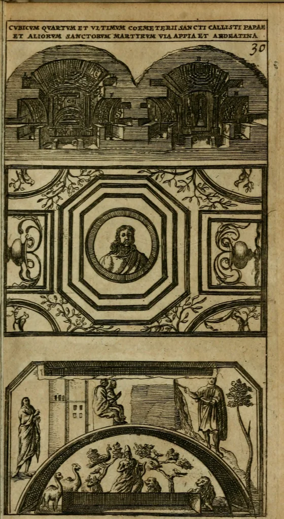An illustration from Roma subterranea novissima : in qua antiqua christianorum et praecipue martyrum, coemeteria, tituli, monimenta, epitaphia, inscriptiones, ac nobiliora sanctorum sepulchra, tribus libris distincta, fideli enarratione pariter ac graphicis iconibus, ceu gemina face illustrantur : plurimaeque inde res ecclesiasticae declarantur, 1671, leaf 384