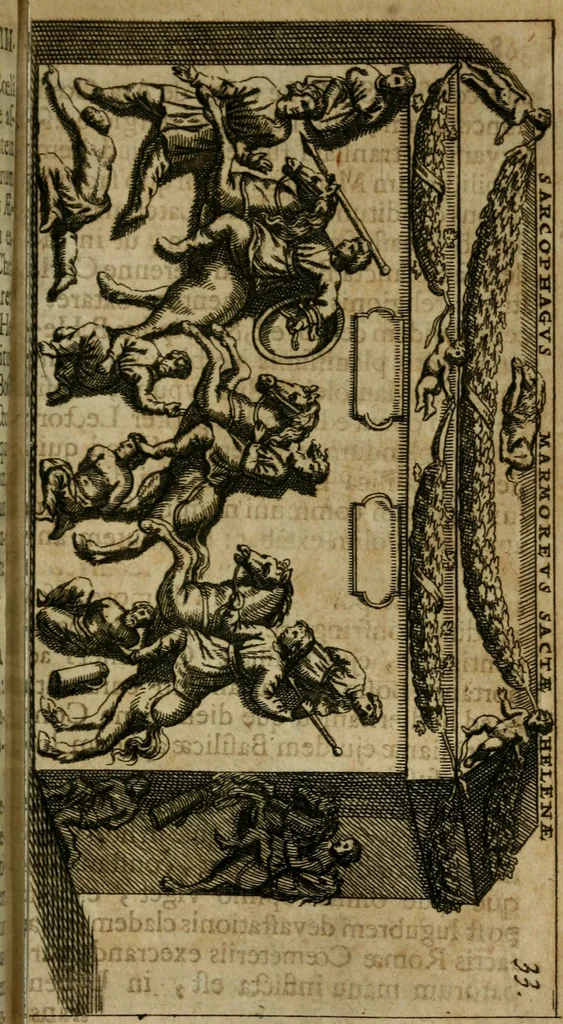 An illustration from Roma subterranea novissima : in qua antiqua christianorum et praecipue martyrum, coemeteria, tituli, monimenta, epitaphia, inscriptiones, ac nobiliora sanctorum sepulchra, tribus libris distincta, fideli enarratione pariter ac graphicis iconibus, ceu gemina face illustrantur : plurimaeque inde res ecclesiasticae declarantur, 1671, leaf 460