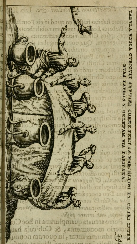 An illustration from Roma subterranea novissima : in qua antiqua christianorum et praecipue martyrum, coemeteria, tituli, monimenta, epitaphia, inscriptiones, ac nobiliora sanctorum sepulchra, tribus libris distincta, fideli enarratione pariter ac graphicis iconibus, ceu gemina face illustrantur : plurimaeque inde res ecclesiasticae declarantur, 1671, leaf 474