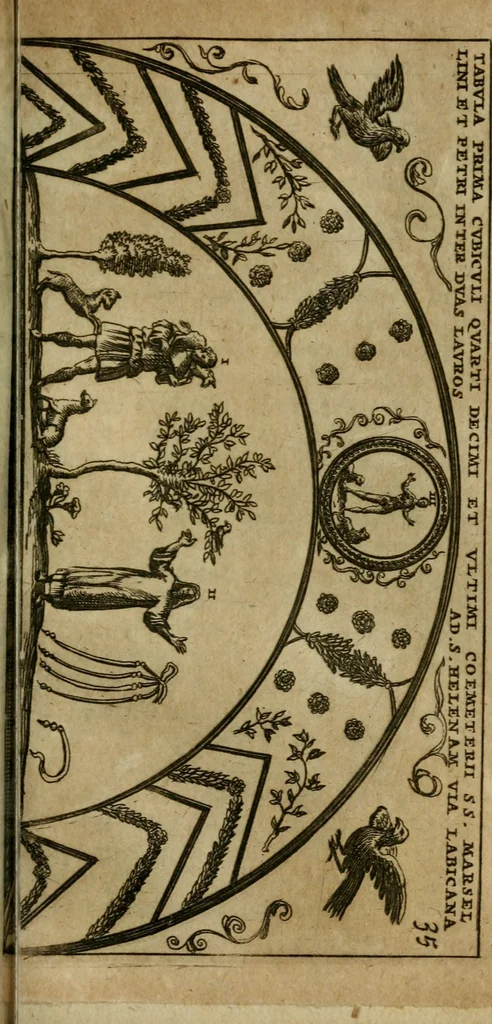 An illustration from Roma subterranea novissima : in qua antiqua christianorum et praecipue martyrum, coemeteria, tituli, monimenta, epitaphia, inscriptiones, ac nobiliora sanctorum sepulchra, tribus libris distincta, fideli enarratione pariter ac graphicis iconibus, ceu gemina face illustrantur : plurimaeque inde res ecclesiasticae declarantur, 1671, leaf 480