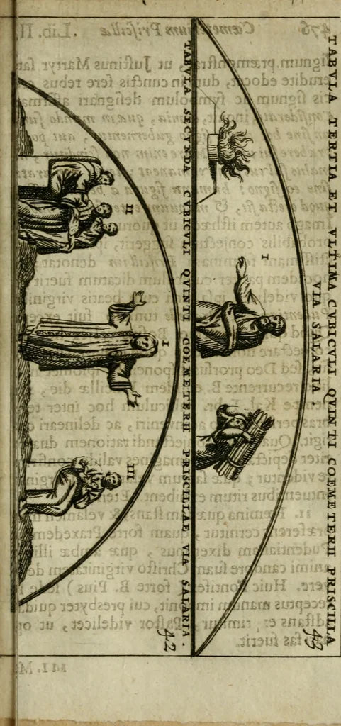 An illustration from Roma subterranea novissima : in qua antiqua christianorum et praecipue martyrum, coemeteria, tituli, monimenta, epitaphia, inscriptiones, ac nobiliora sanctorum sepulchra, tribus libris distincta, fideli enarratione pariter ac graphicis iconibus, ceu gemina face illustrantur : plurimaeque inde res ecclesiasticae declarantur, 1671, leaf 586