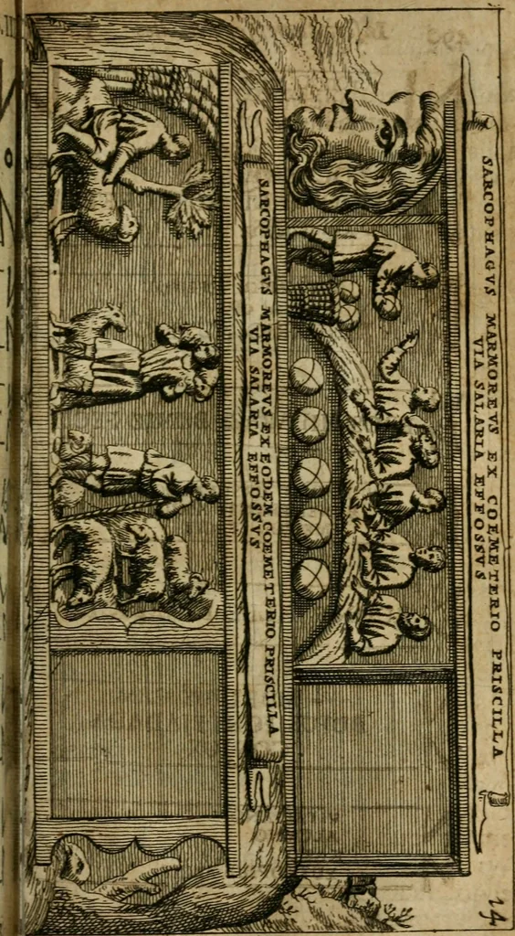 An illustration from Roma subterranea novissima : in qua antiqua christianorum et praecipue martyrum, coemeteria, tituli, monimenta, epitaphia, inscriptiones, ac nobiliora sanctorum sepulchra, tribus libris distincta, fideli enarratione pariter ac graphicis iconibus, ceu gemina face illustrantur : plurimaeque inde res ecclesiasticae declarantur, 1671, leaf 602