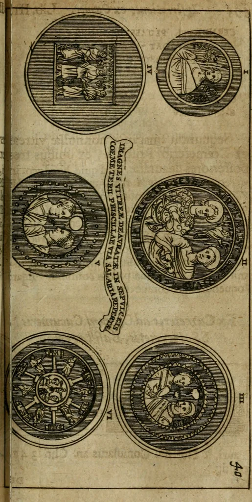 An illustration from Roma subterranea novissima : in qua antiqua christianorum et praecipue martyrum, coemeteria, tituli, monimenta, epitaphia, inscriptiones, ac nobiliora sanctorum sepulchra, tribus libris distincta, fideli enarratione pariter ac graphicis iconibus, ceu gemina face illustrantur : plurimaeque inde res ecclesiasticae declarantur, 1671, leaf 608