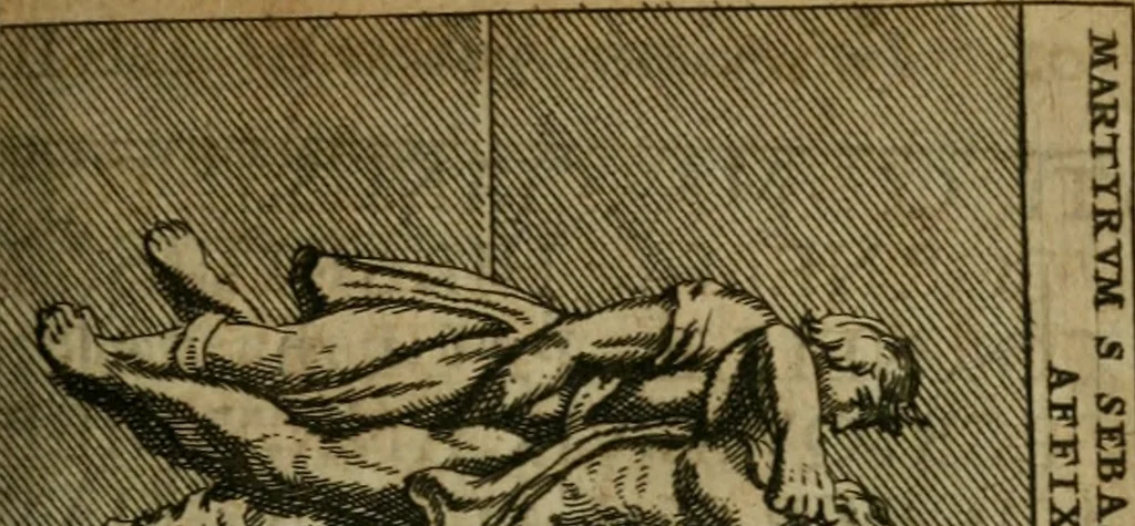 An illustration from Roma subterranea novissima : in qua antiqua christianorum et praecipue martyrum, coemeteria, tituli, monimenta, epitaphia, inscriptiones, ac nobiliora sanctorum sepulchra, tribus libris distincta, fideli enarratione pariter ac graphicis iconibus, ceu gemina face illustrantur : plurimaeque inde res ecclesiasticae declarantur, 1671, leaf 618