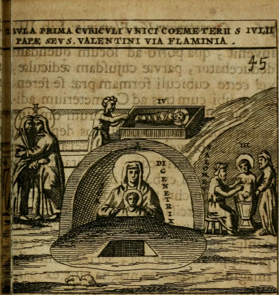 An illustration from Roma subterranea novissima : in qua antiqua christianorum et praecipue martyrum, coemeteria, tituli, monimenta, epitaphia, inscriptiones, ac nobiliora sanctorum sepulchra, tribus libris distincta, fideli enarratione pariter ac graphicis iconibus, ceu gemina face illustrantur : plurimaeque inde res ecclesiasticae declarantur, 1671, leaf 634
