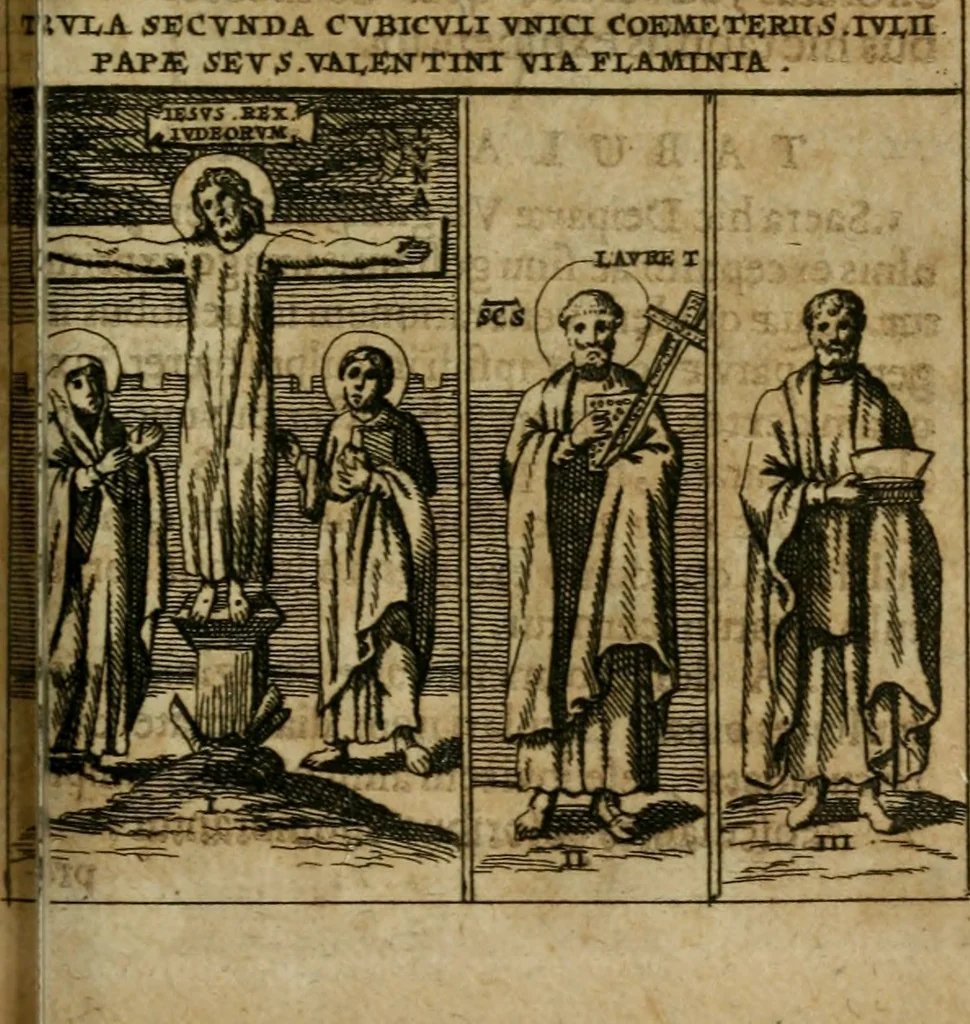 An illustration from Roma subterranea novissima : in qua antiqua christianorum et praecipue martyrum, coemeteria, tituli, monimenta, epitaphia, inscriptiones, ac nobiliora sanctorum sepulchra, tribus libris distincta, fideli enarratione pariter ac graphicis iconibus, ceu gemina face illustrantur : plurimaeque inde res ecclesiasticae declarantur, 1671, leaf 634