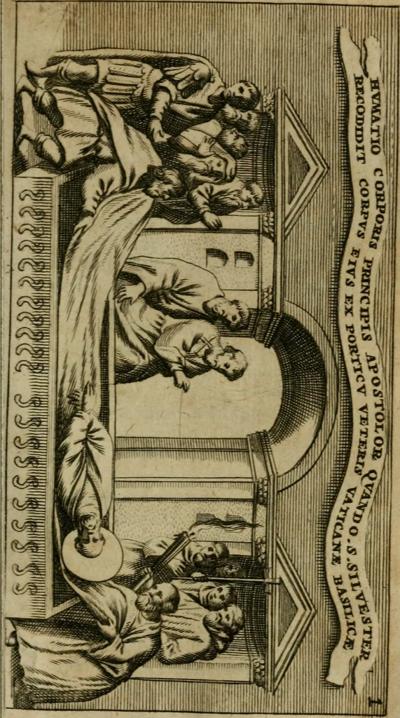 An illustration from Roma subterranea novissima : in qua antiqua christianorum et praecipue martyrum, coemeteria, tituli, monimenta, epitaphia, inscriptiones, ac nobiliora sanctorum sepulchra, tribus libris distincta, fideli enarratione pariter ac graphicis iconibus, ceu gemina face illustrantur : plurimaeque inde res ecclesiasticae declarantur, 1671, leaf 64