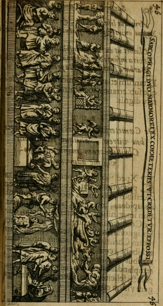 An illustration from Roma subterranea novissima : in qua antiqua christianorum et praecipue martyrum, coemeteria, tituli, monimenta, epitaphia, inscriptiones, ac nobiliora sanctorum sepulchra, tribus libris distincta, fideli enarratione pariter ac graphicis iconibus, ceu gemina face illustrantur : plurimaeque inde res ecclesiasticae declarantur, 1671, leaf 700