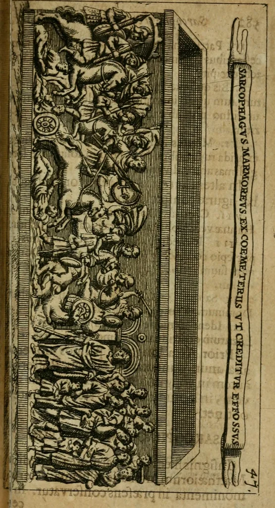 An illustration from Roma subterranea novissima : in qua antiqua christianorum et praecipue martyrum, coemeteria, tituli, monimenta, epitaphia, inscriptiones, ac nobiliora sanctorum sepulchra, tribus libris distincta, fideli enarratione pariter ac graphicis iconibus, ceu gemina face illustrantur : plurimaeque inde res ecclesiasticae declarantur, 1671, leaf 704