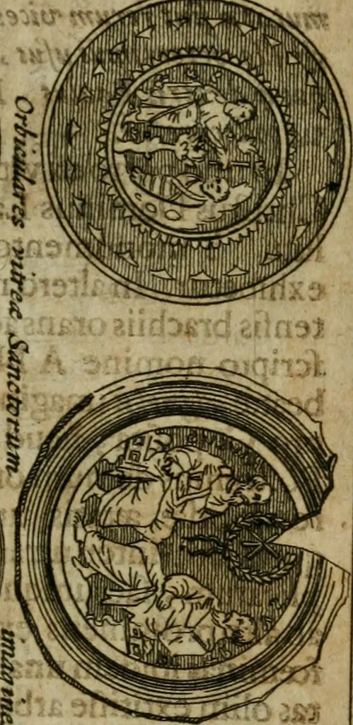 An illustration from Roma subterranea novissima : in qua antiqua christianorum et praecipue martyrum, coemeteria, tituli, monimenta, epitaphia, inscriptiones, ac nobiliora sanctorum sepulchra, tribus libris distincta, fideli enarratione pariter ac graphicis iconibus, ceu gemina face illustrantur : plurimaeque inde res ecclesiasticae declarantur, 1671, leaf 708