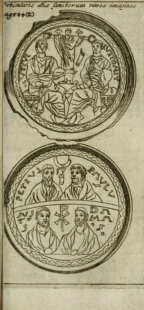 An illustration from Roma subterranea novissima : in qua antiqua christianorum et praecipue martyrum, coemeteria, tituli, monimenta, epitaphia, inscriptiones, ac nobiliora sanctorum sepulchra, tribus libris distincta, fideli enarratione pariter ac graphicis iconibus, ceu gemina face illustrantur : plurimaeque inde res ecclesiasticae declarantur, 1671, leaf 710