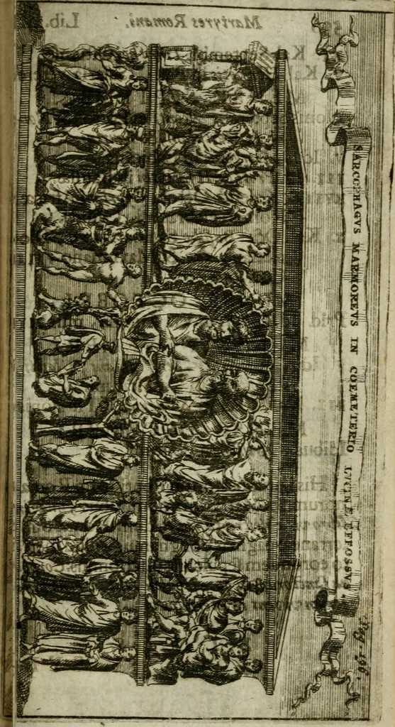 An illustration from Roma subterranea novissima : in qua antiqua christianorum et praecipue martyrum, coemeteria, tituli, monimenta, epitaphia, inscriptiones, ac nobiliora sanctorum sepulchra, tribus libris distincta, fideli enarratione pariter ac graphicis iconibus, ceu gemina face illustrantur : plurimaeque inde res ecclesiasticae declarantur, 1671, leaf 726