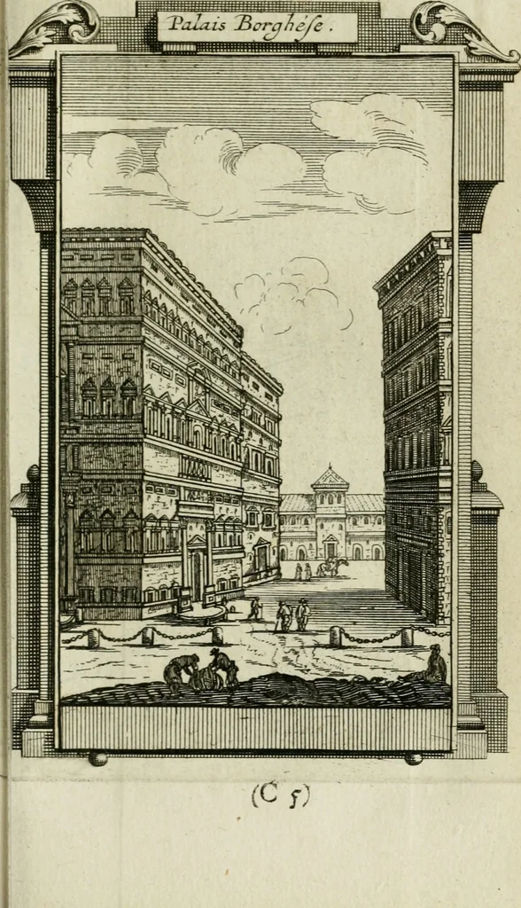An illustration from Rome moderne : premiére ville de l'Europe : avec toutes ses magnificences et ses delices : nouvellement & très-exactement décrite ... : ce qui est suivi d'une description très-exacte du gouvernement & de l'Etat de Rome, aussi bien que des fonctions publiques du Pape & de tous ceux qui ont des emplois auprès de lui ... : le tout divisé en six tomes, 1713, leaf 100