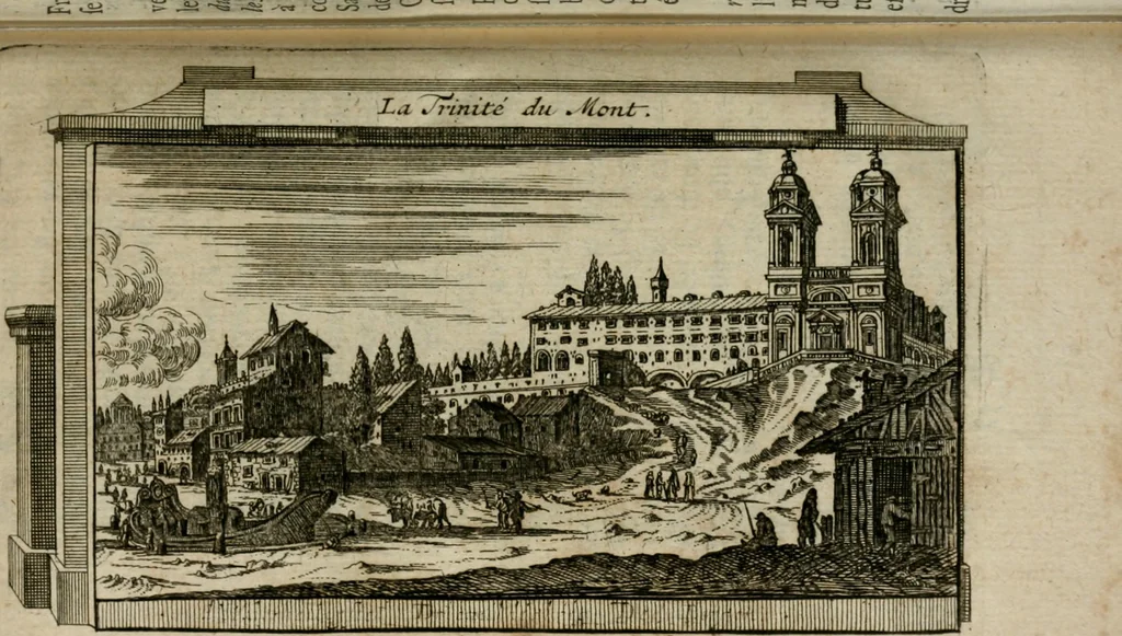 An illustration from Rome moderne : premiére ville de l'Europe : avec toutes ses magnificences et ses delices : nouvellement & très-exactement décrite ... : ce qui est suivi d'une description très-exacte du gouvernement & de l'Etat de Rome, aussi bien que des fonctions publiques du Pape & de tous ceux qui ont des emplois auprès de lui ... : le tout divisé en six tomes, 1713, leaf 129