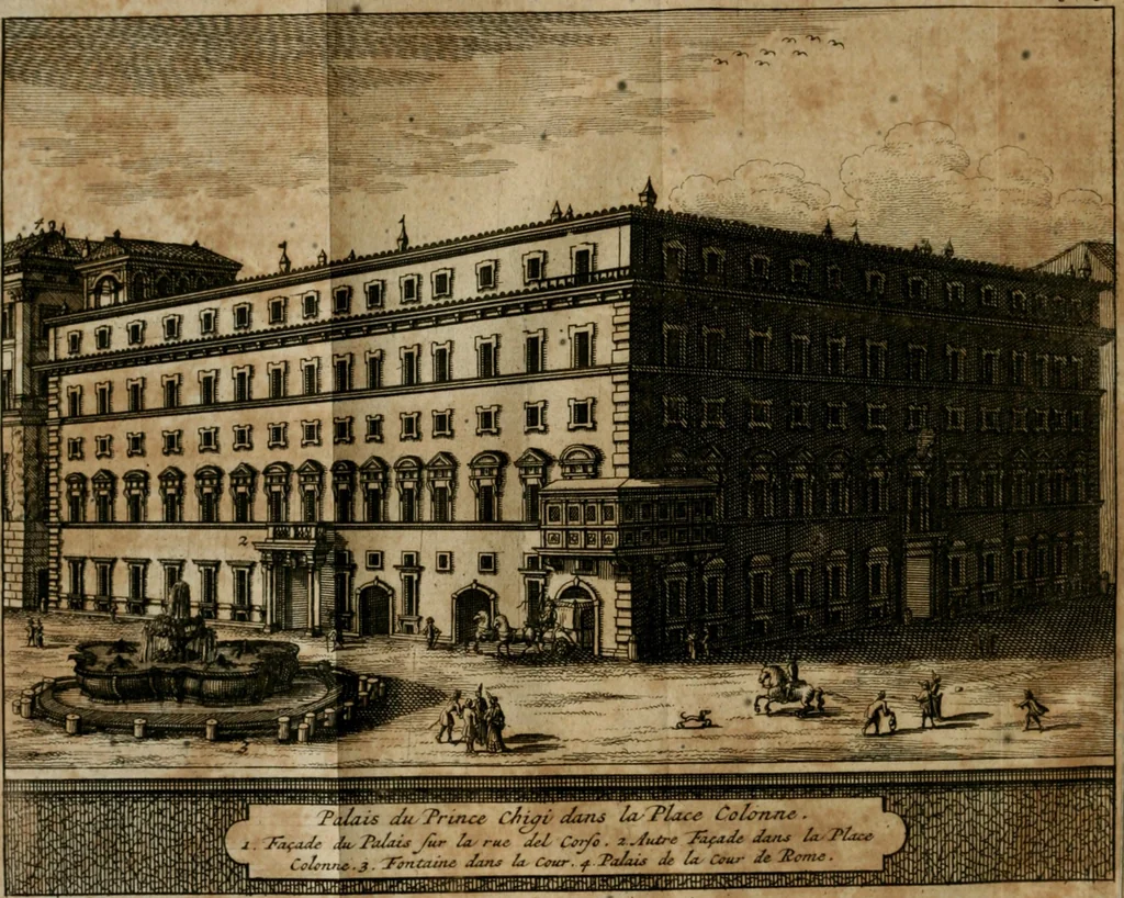 An illustration from Rome moderne : premiére ville de l'Europe : avec toutes ses magnificences et ses delices : nouvellement & très-exactement décrite ... : ce qui est suivi d'une description très-exacte du gouvernement & de l'Etat de Rome, aussi bien que des fonctions publiques du Pape & de tous ceux qui ont des emplois auprès de lui ... : le tout divisé en six tomes, 1713, leaf 171