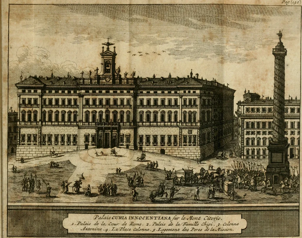 An illustration from Rome moderne : premiére ville de l'Europe : avec toutes ses magnificences et ses delices : nouvellement & très-exactement décrite ... : ce qui est suivi d'une description très-exacte du gouvernement & de l'Etat de Rome, aussi bien que des fonctions publiques du Pape & de tous ceux qui ont des emplois auprès de lui ... : le tout divisé en six tomes, 1713, leaf 180