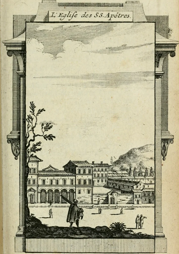 An illustration from Rome moderne : premiére ville de l'Europe : avec toutes ses magnificences et ses delices : nouvellement & très-exactement décrite ... : ce qui est suivi d'une description très-exacte du gouvernement & de l'Etat de Rome, aussi bien que des fonctions publiques du Pape & de tous ceux qui ont des emplois auprès de lui ... : le tout divisé en six tomes, 1713, leaf 256