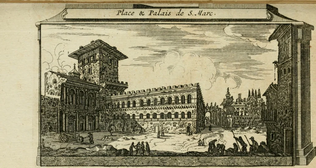 An illustration from Rome moderne : premiére ville de l'Europe : avec toutes ses magnificences et ses delices : nouvellement & très-exactement décrite ... : ce qui est suivi d'une description très-exacte du gouvernement & de l'Etat de Rome, aussi bien que des fonctions publiques du Pape & de tous ceux qui ont des emplois auprès de lui ... : le tout divisé en six tomes, 1713, leaf 288