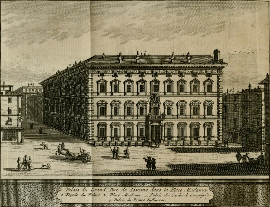 An illustration from Rome moderne : premiére ville de l'Europe : avec toutes ses magnificences et ses delices : nouvellement & très-exactement décrite ... : ce qui est suivi d'une description très-exacte du gouvernement & de l'Etat de Rome, aussi bien que des fonctions publiques du Pape & de tous ceux qui ont des emplois auprès de lui ... : le tout divisé en six tomes, 1713, leaf 399
