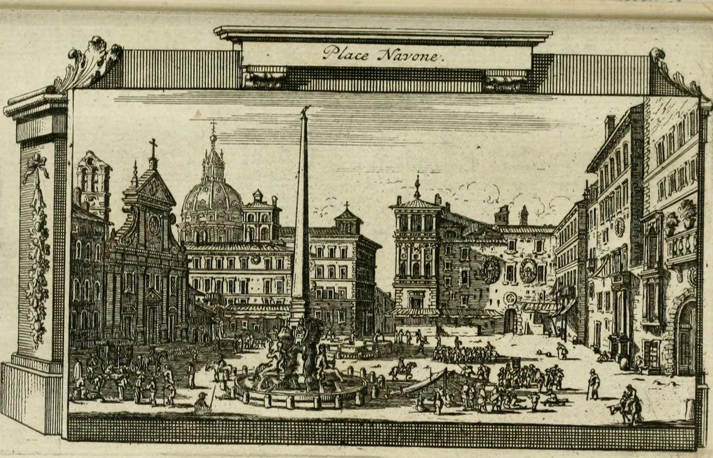 An illustration from Rome moderne : premiére ville de l'Europe : avec toutes ses magnificences et ses delices : nouvellement & très-exactement décrite ... : ce qui est suivi d'une description très-exacte du gouvernement & de l'Etat de Rome, aussi bien que des fonctions publiques du Pape & de tous ceux qui ont des emplois auprès de lui ... : le tout divisé en six tomes, 1713, leaf 414