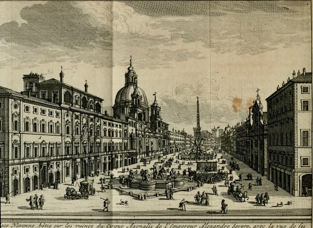 An illustration from Rome moderne : premiére ville de l'Europe : avec toutes ses magnificences et ses delices : nouvellement & très-exactement décrite ... : ce qui est suivi d'une description très-exacte du gouvernement & de l'Etat de Rome, aussi bien que des fonctions publiques du Pape & de tous ceux qui ont des emplois auprès de lui ... : le tout divisé en six tomes, 1713, leaf 419