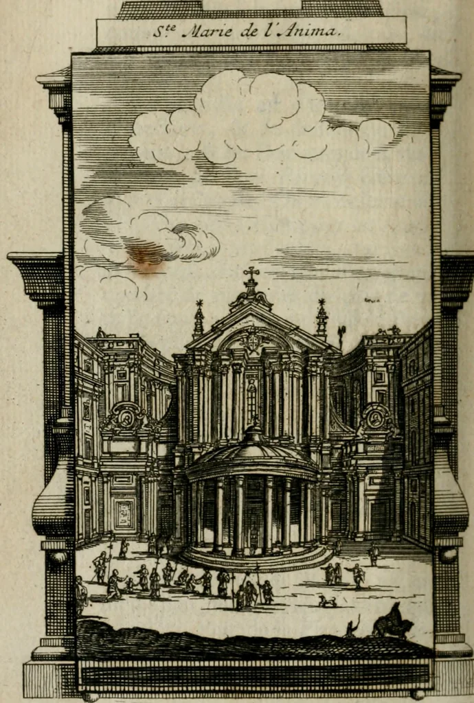 An illustration from Rome moderne : premiére ville de l'Europe : avec toutes ses magnificences et ses delices : nouvellement & très-exactement décrite ... : ce qui est suivi d'une description très-exacte du gouvernement & de l'Etat de Rome, aussi bien que des fonctions publiques du Pape & de tous ceux qui ont des emplois auprès de lui ... : le tout divisé en six tomes, 1713, leaf 425