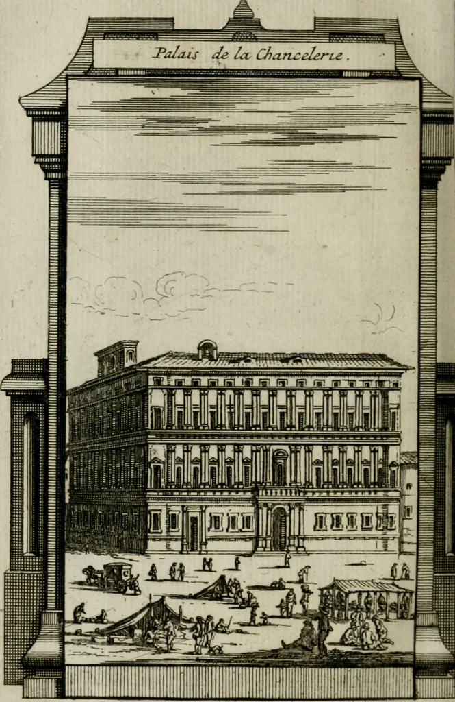 An illustration from Rome moderne : premiére ville de l'Europe : avec toutes ses magnificences et ses delices : nouvellement & très-exactement décrite ... : ce qui est suivi d'une description très-exacte du gouvernement & de l'Etat de Rome, aussi bien que des fonctions publiques du Pape & de tous ceux qui ont des emplois auprès de lui ... : le tout divisé en six tomes, 1713, leaf 441