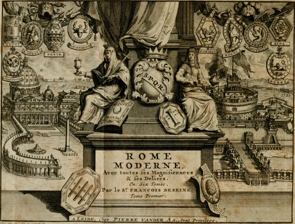 An illustration from Rome moderne : premiére ville de l'Europe : avec toutes ses magnificences et ses delices : nouvellement & très-exactement décrite ... : ce qui est suivi d'une description très-exacte du gouvernement & de l'Etat de Rome, aussi bien que des fonctions publiques du Pape & de tous ceux qui ont des emplois auprès de lui ... : le tout divisé en six tomes, 1713, leaf 7
