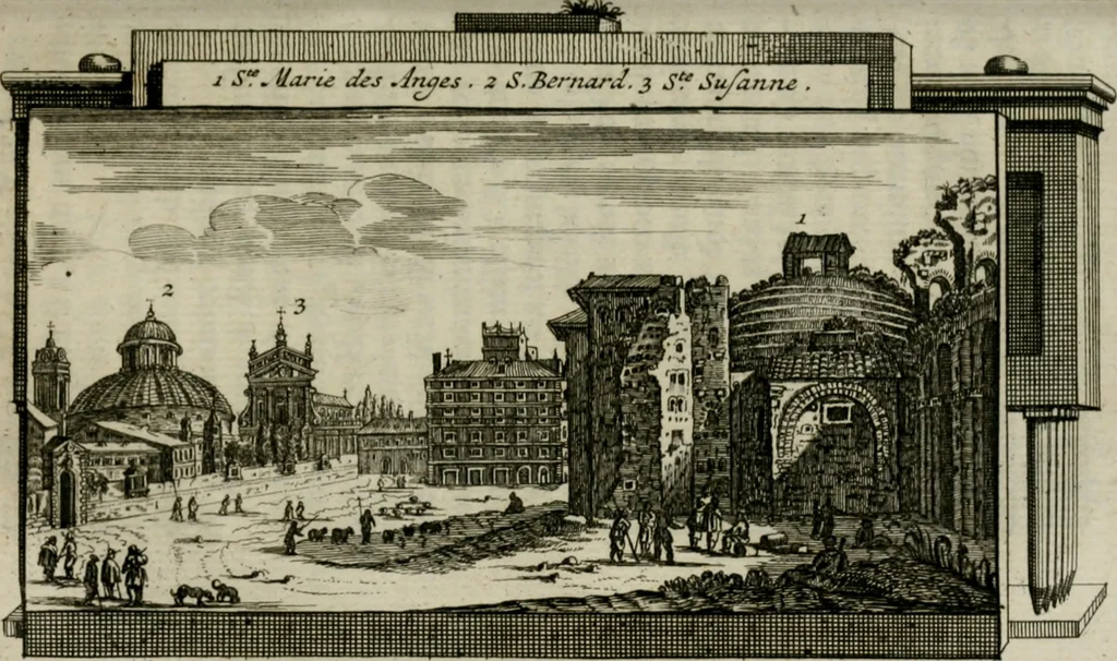 An illustration from Rome moderne : premiére ville de l'Europe : avec toutes ses magnificences et ses delices : nouvellement & très-exactement décrite ... : ce qui est suivi d'une description très-exacte du gouvernement & de l'Etat de Rome, aussi bien que des fonctions publiques du Pape & de tous ceux qui ont des emplois auprès de lui ... : le tout divisé en six tomes, 1713, leaf 107