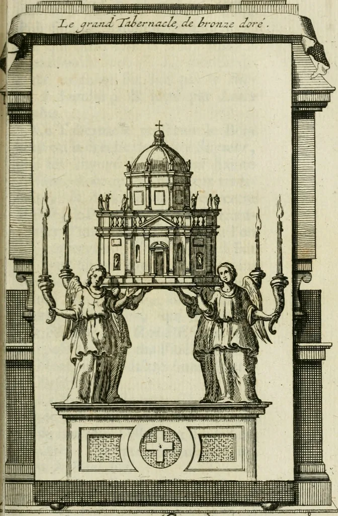 An illustration from Rome moderne : premiére ville de l'Europe : avec toutes ses magnificences et ses delices : nouvellement & très-exactement décrite ... : ce qui est suivi d'une description très-exacte du gouvernement & de l'Etat de Rome, aussi bien que des fonctions publiques du Pape & de tous ceux qui ont des emplois auprès de lui ... : le tout divisé en six tomes, 1713, leaf 144
